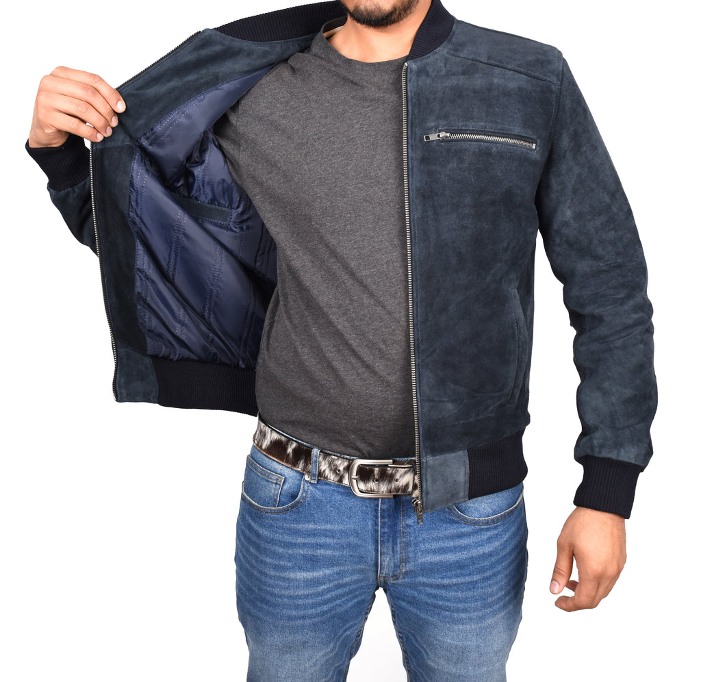 DR120 Men's Suede Leather bomber Jacket Blue 8