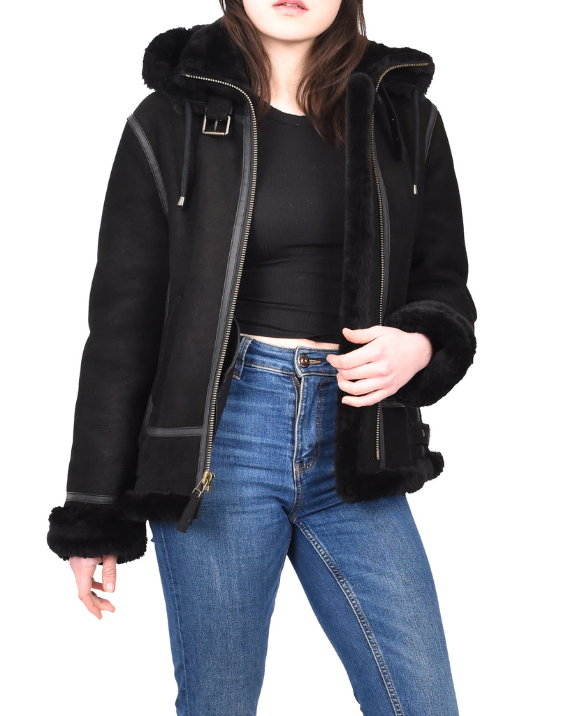 DR248 Women's Real Sheepskin Winter Warm Jacket Black 10