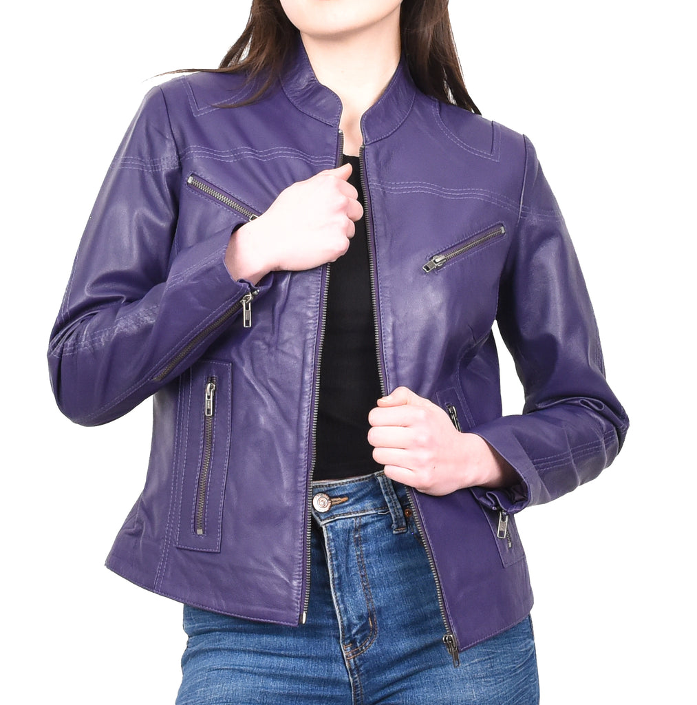 DR200 Ladies Classic Casual Biker Leather Jacket Purple 9