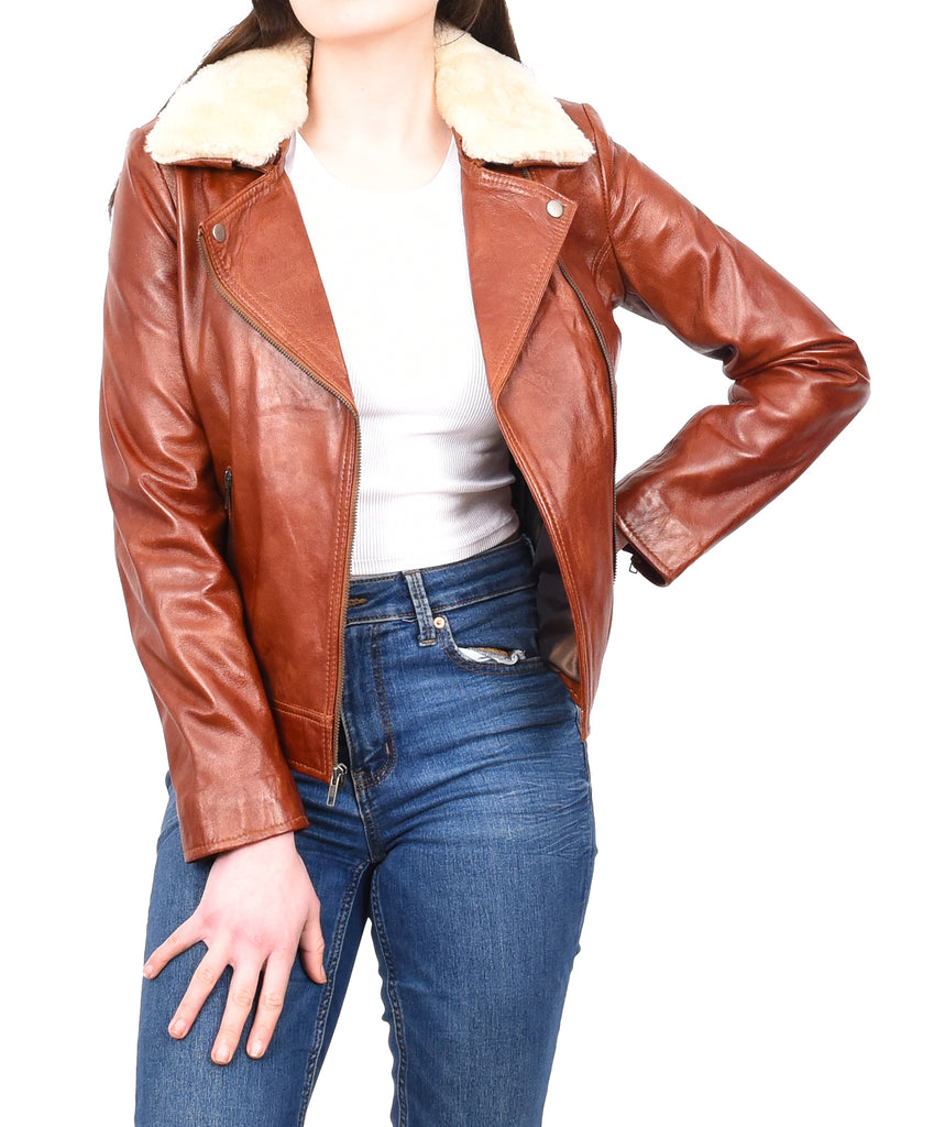 DR237 Women’s Real Chestnut Biker Jacket With Removable Sheepskin Collar 10