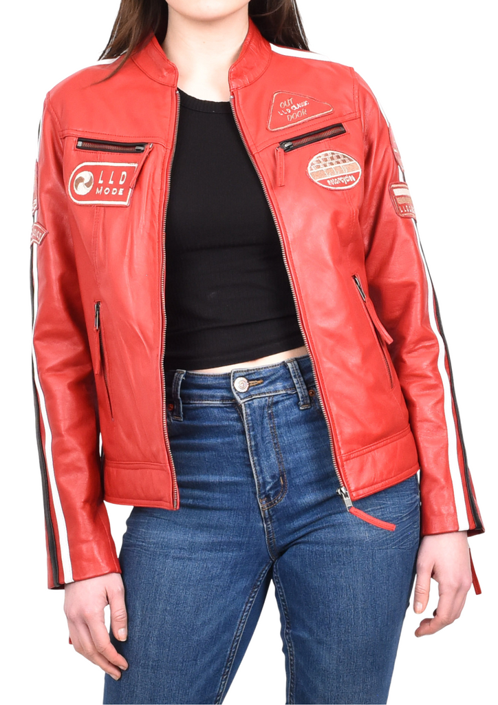DR674 Women's Soft Real Leather Racing Biker Jacket Red 9