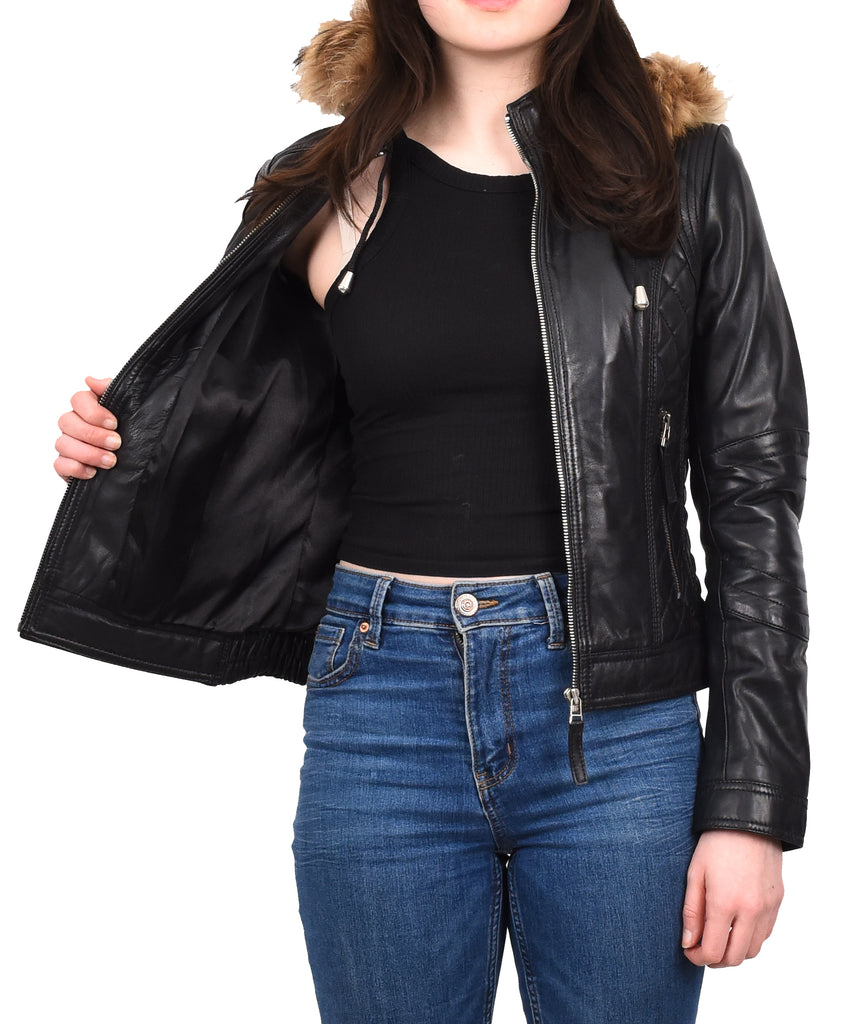 DR261 Women's Detachable Hoodie Biker Leather Jacket Black 9