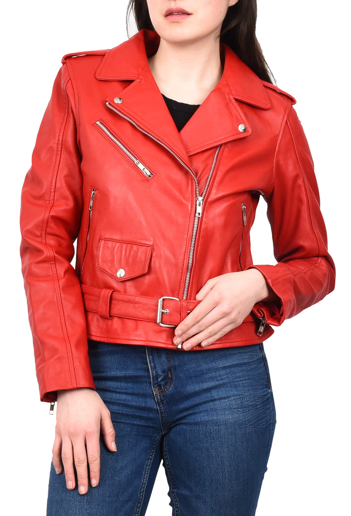 DR199 Women's Hard Ride Biker Style Leather Jacket Red 10