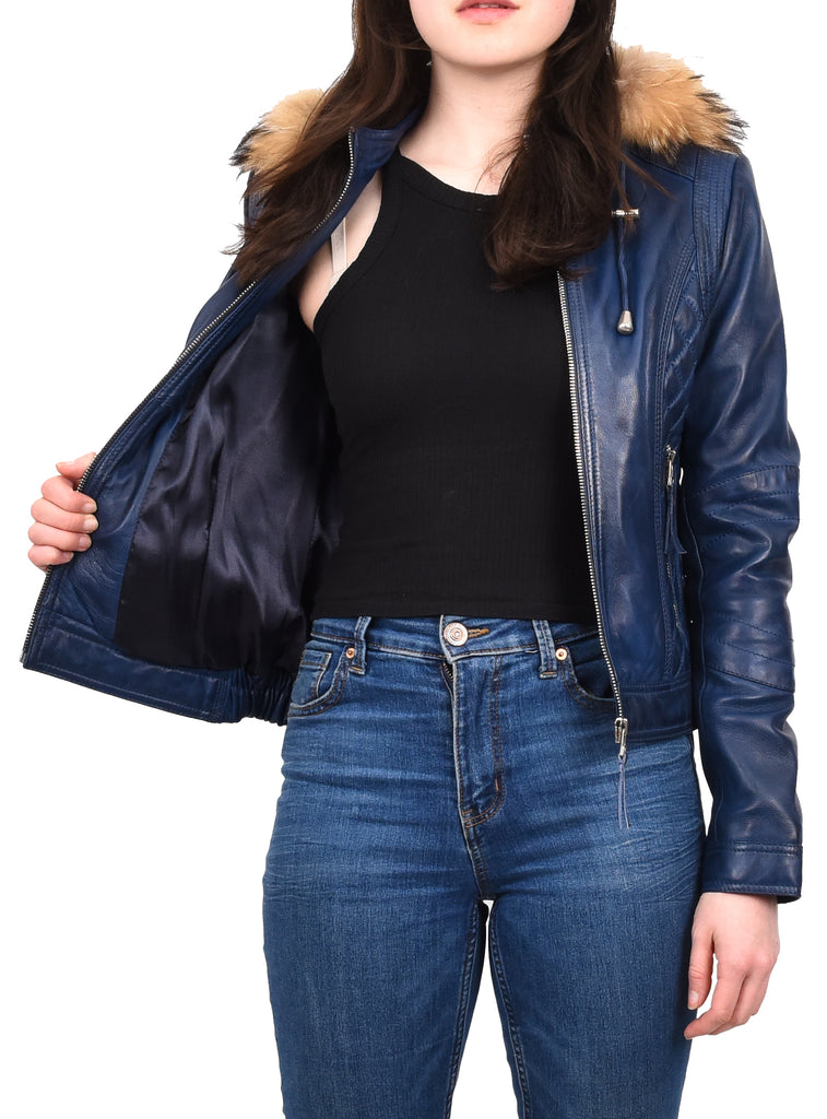 DR261 Women's Detachable Hoodie Biker Leather Jacket Blue 12