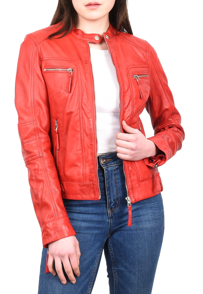 DR245 Women's Real Leather Biker Jacket Red 8