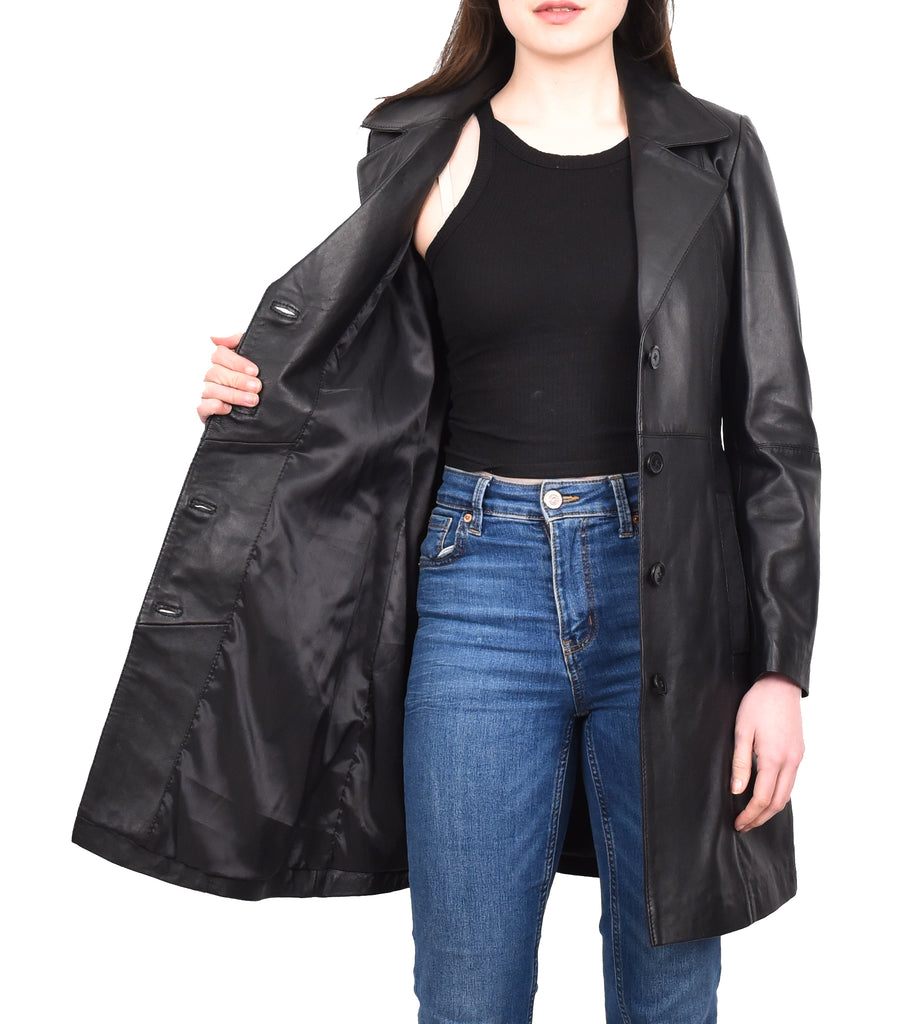 DR196 Women's 3/4 Length Soft Leather Classic Coat Black 11