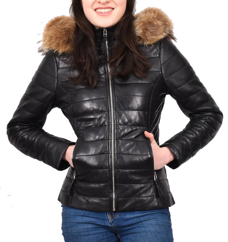 DR262 Women’s Real Leather Puffer Jacket Removable Hood Black 9