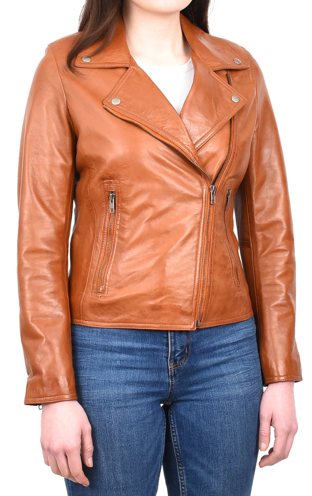 DR216 Women's Casual Smart Biker Leather Jacket Tan 8