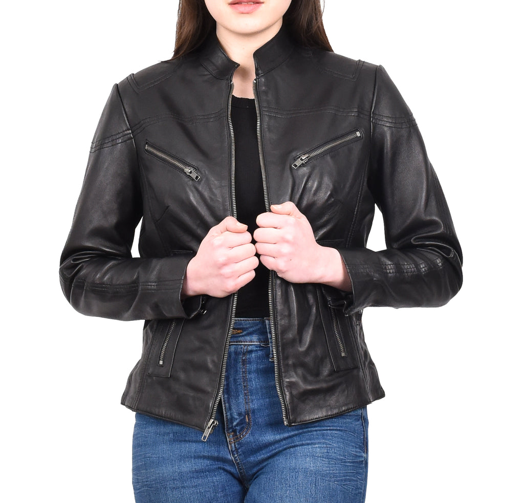 DR200 Ladies Classic Casual Biker Leather Jacket Black 9