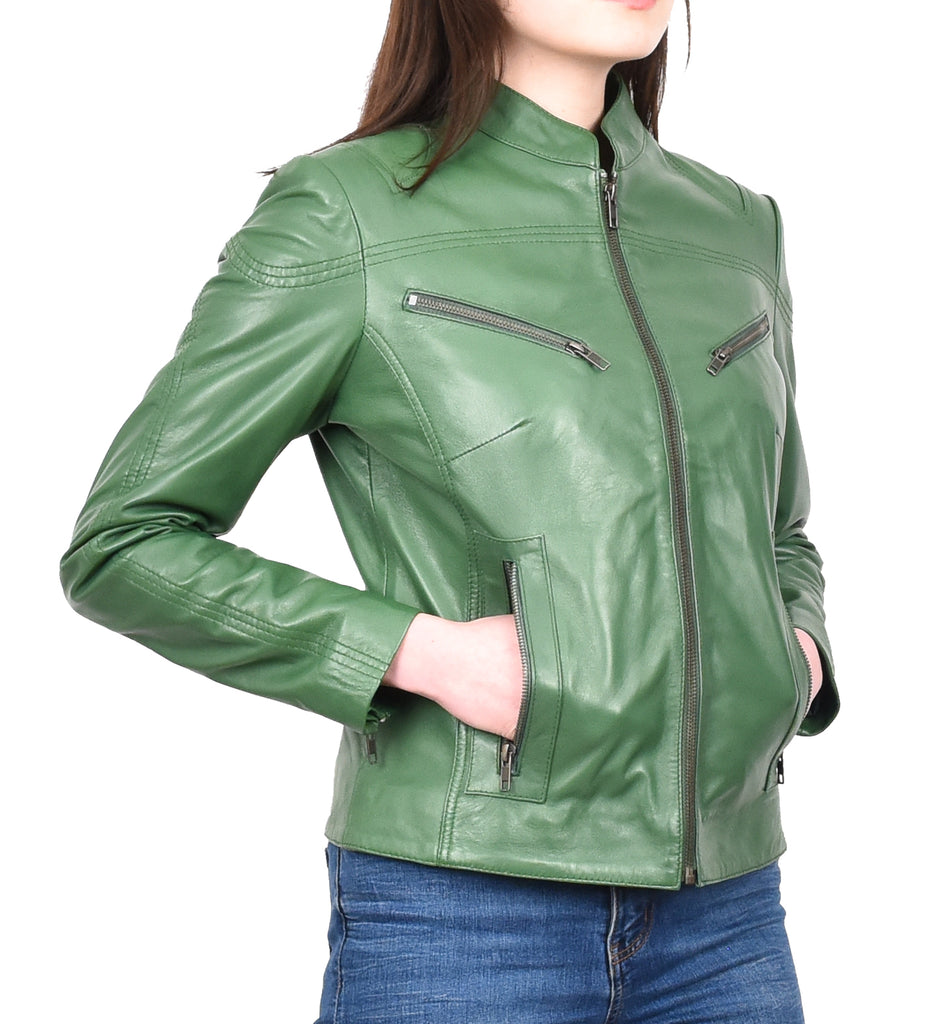 DR200 Ladies Classic Casual Biker Leather Jacket Green 9