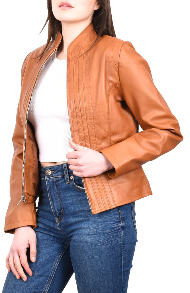 DR210 Women's Casual Biker Leather Jacket Tan 9