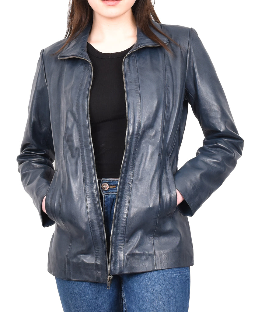 DR202 Women's Casual Semi Fitted Leather Jacket Blue 7