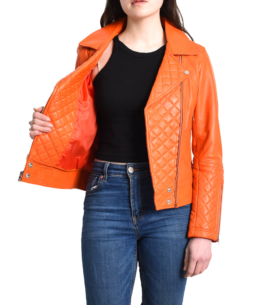 DR238 Women's Leather Biker Jacket with Quilt Detail Orange 6