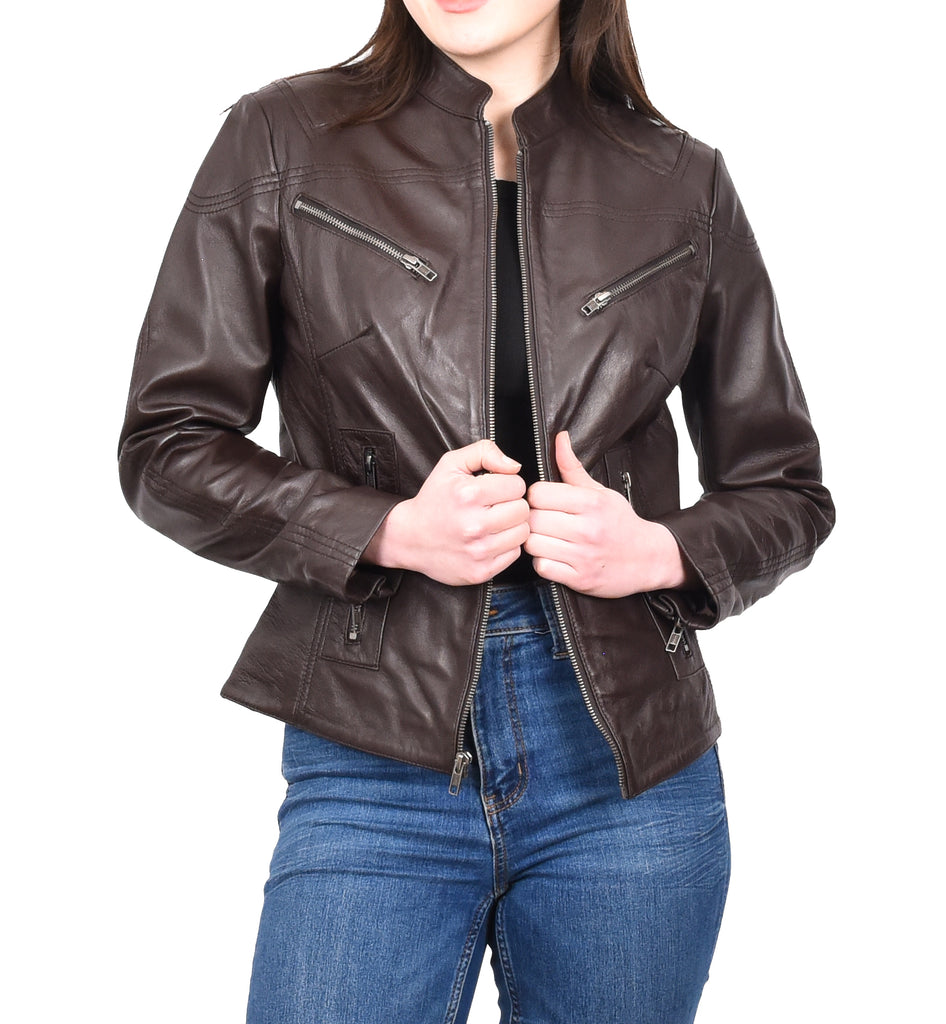 DR200 Ladies Classic Casual Biker Leather Jacket Brown 9