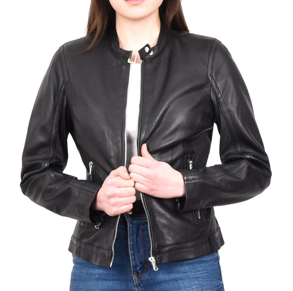 DR247 Women's Soft Leather Biker Style Jacket Black 8