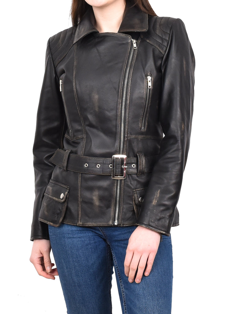 DR205 Women’s Slim Fit Cut Hip Length Biker Leather Jacket Rub off 9