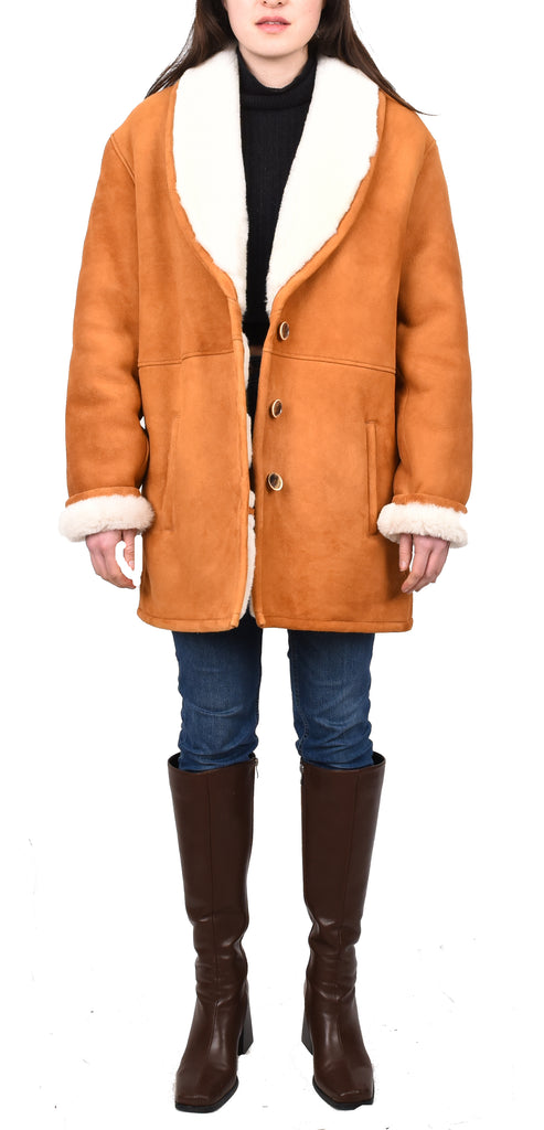 DR595 Women's Soft Sheepskin Mid Length Coat With Fur Collar Cognac 11