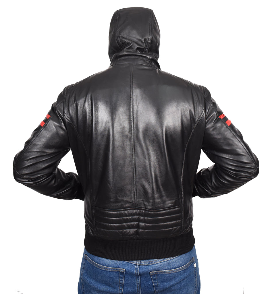 DR562 Men's Leather Hooded Bomber Jacket Black 8