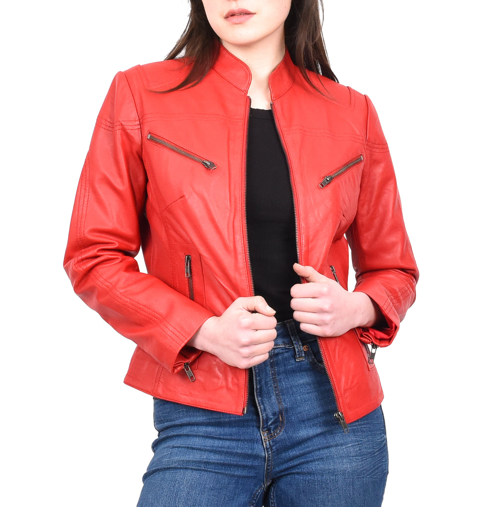 DR200 Ladies Classic Casual Biker Leather Jacket Red 9