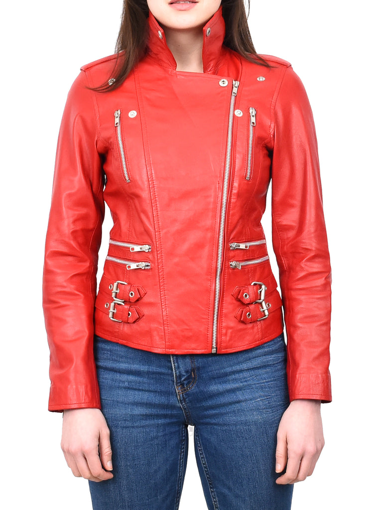 DR195 Women’s Trendy Biker Leather Jacket Red 8