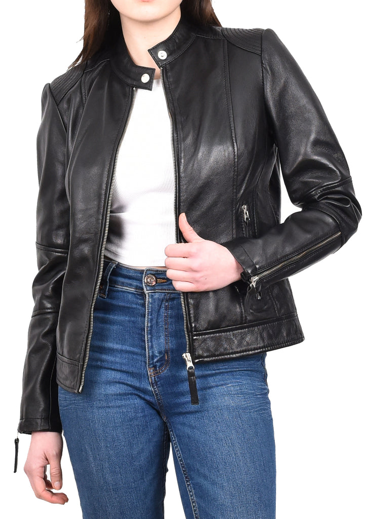 DR571 Women's Casual Zip up Genuine Leather Biker Jacket Black 10