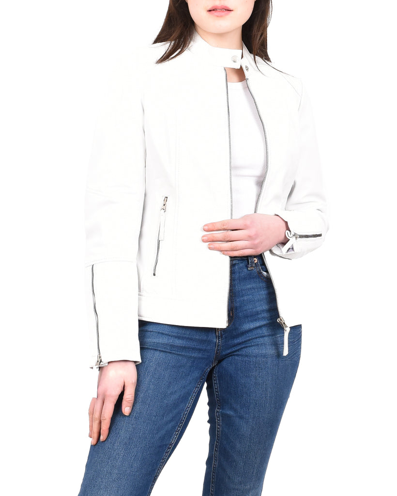 DR571 Women's Casual Zip up Genuine Leather Biker Jacket White 10