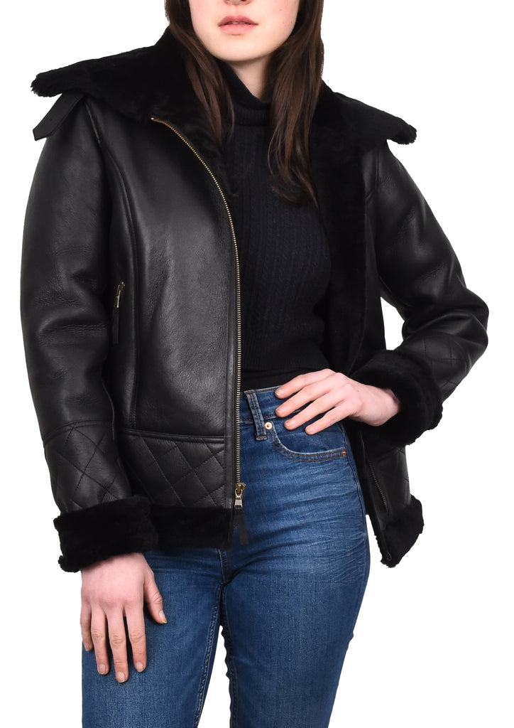 DR533 Women's Real Sheepskin Aviator Jacket Black 8