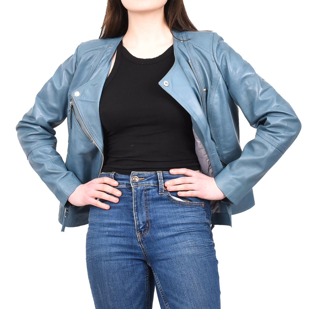 DR572 Women's Casual Cross Zip Leather Jacket Teal 9