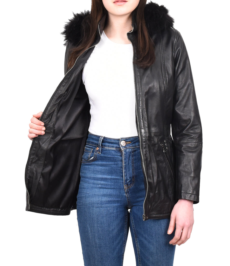 DR260 Women’s Black Leather Duffle Parka Jacket with Removable Hood 12