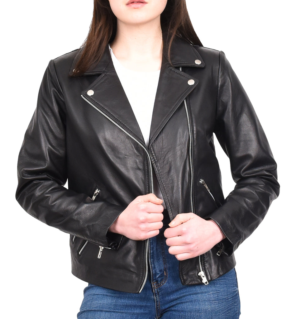 DR268 Women's Biker Leather Jacket Black 9