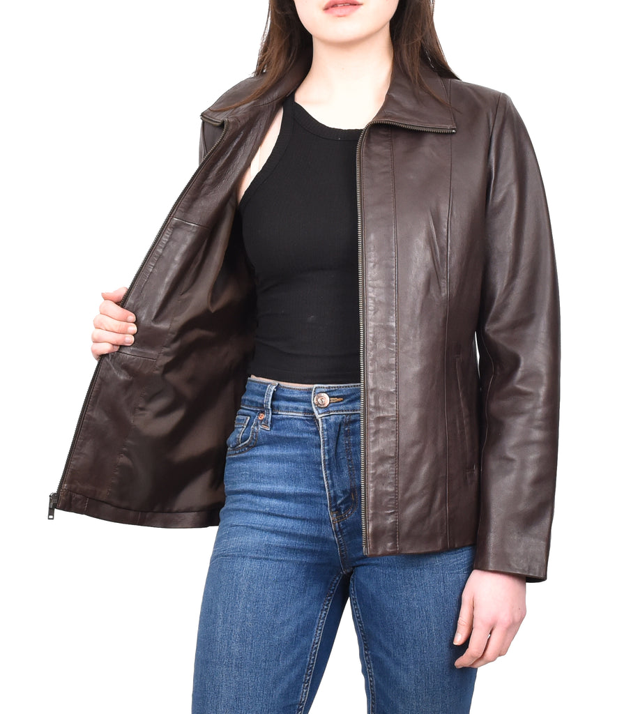 DR202 Women's Casual Semi Fitted Leather Jacket Brown 10