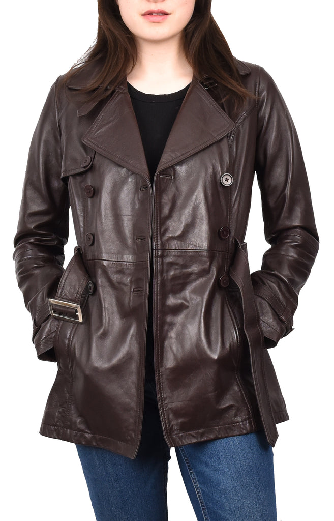 DR201 Women's Leather Buttoned Coat With Belt Smart Style Brown 8