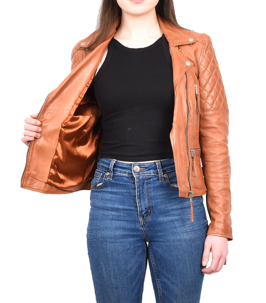 DR246 Women's Real Leather X-Zip Biker Style Jacket Cognac 12