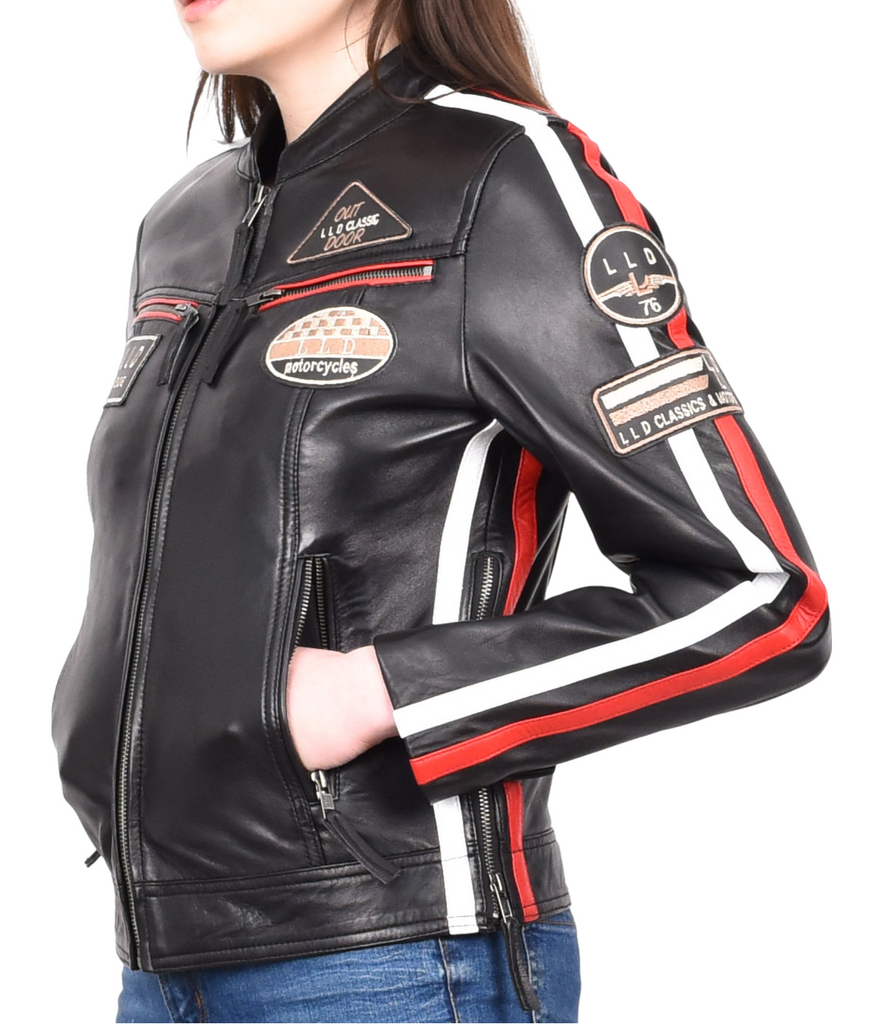 DR674 Women's Soft Real Leather Racing Biker Jacket Black 9