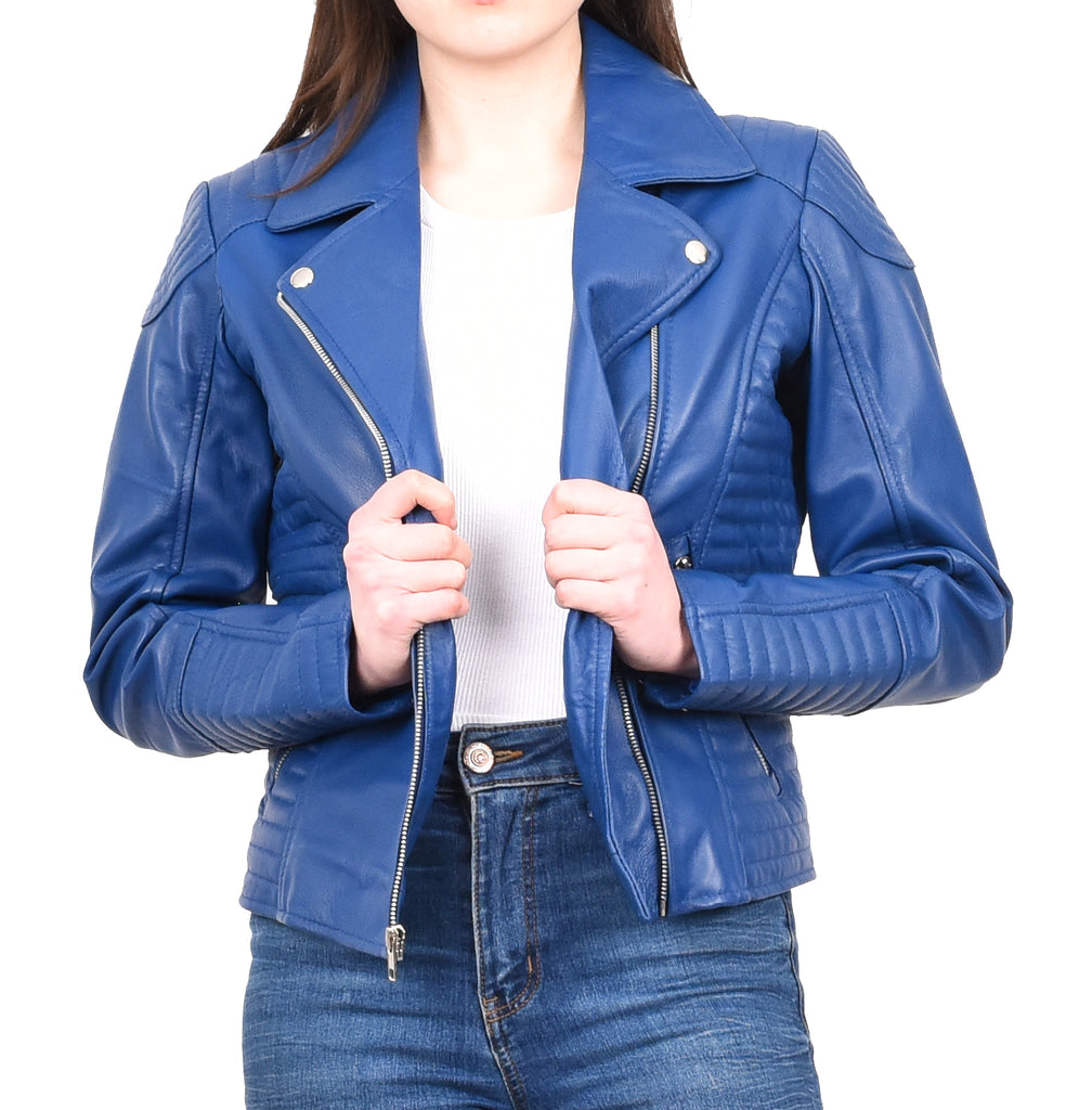 DR206 Women's Soft Leather Cross Zip Biker Jacket Blue 9