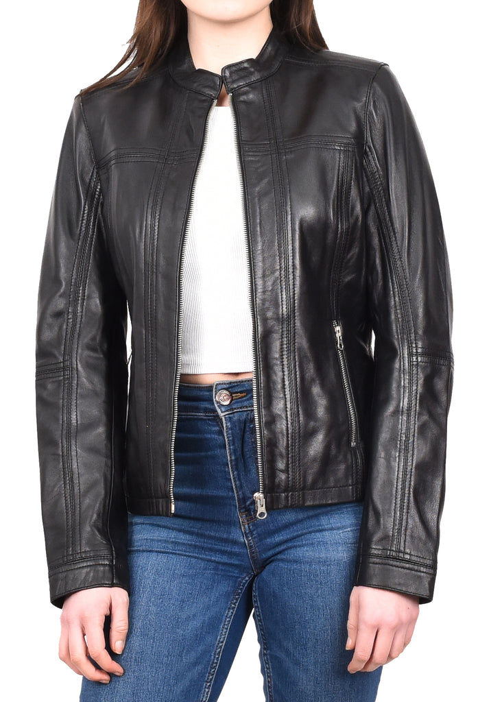 DR257 Women's Leather Classic Biker Style Jacket Black 9