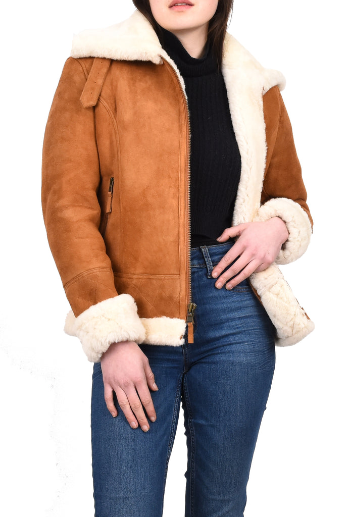 DR533 Women's Real Sheepskin Aviator Jacket Tan 8