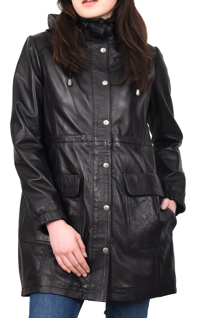 DR218 Women's Smart Long Leather Coat Hood Black 9