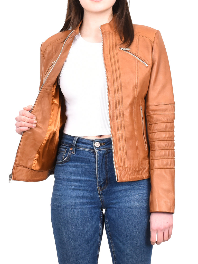 DR222 Women's Casual Biker Leather Jacket Tan 11