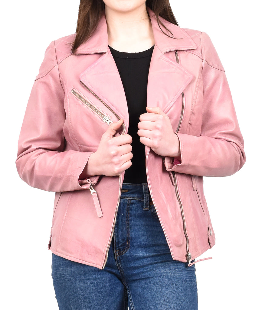 DR570 Women's Cross Zip Pocketed Real Leather Biker Jacket Pink 8