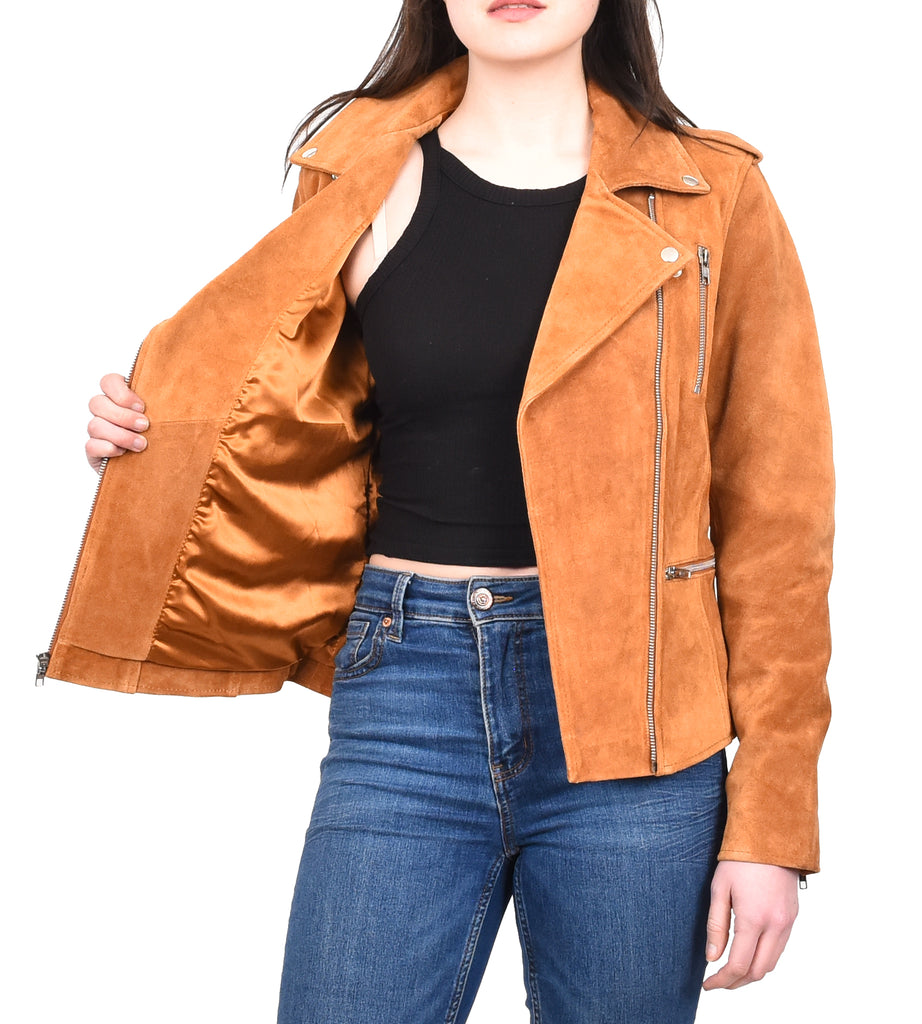 DR217 Women's Hardrock Biker Chich Leather Jacket Tan 13