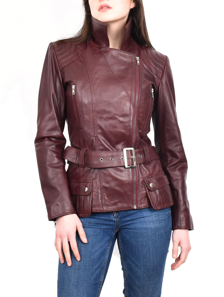 DR205 Women’s Slim Fit Cut Hip Length Biker Leather Jacket Burgundy 10