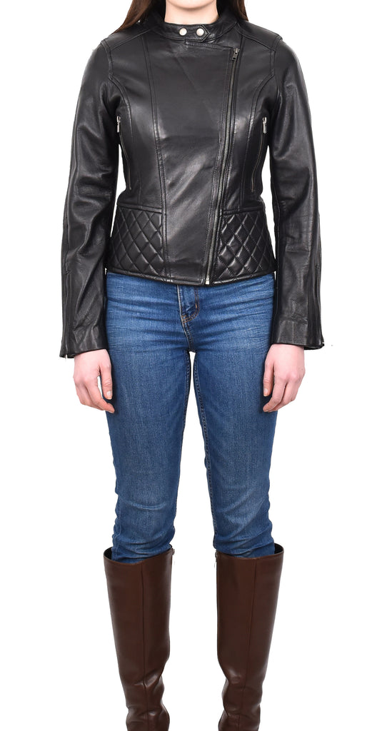 DR233 Women's Biker Leather Jacket Quilted Design Black 8
