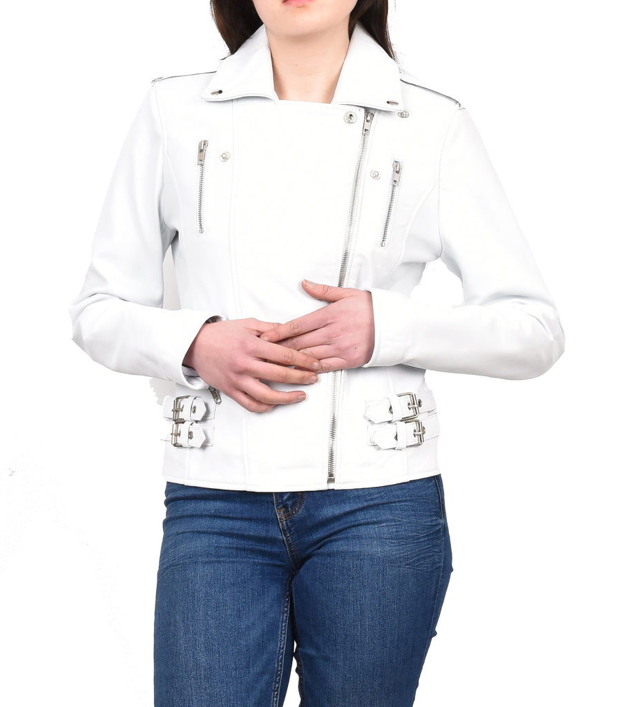 DR195 Women’s Trendy Biker Leather Jacket White Vintage 9