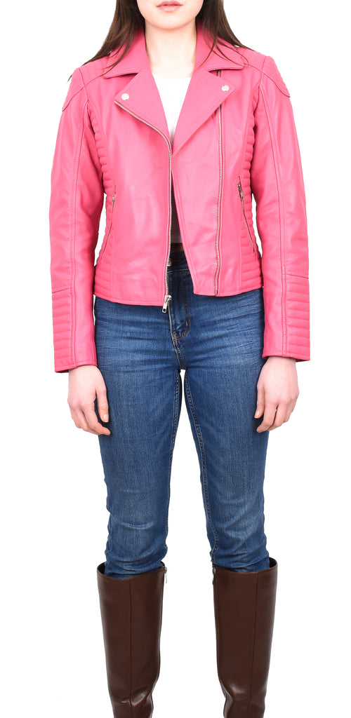 DR206 Women's Soft Leather Cross Zip Biker Jacket Pink 9