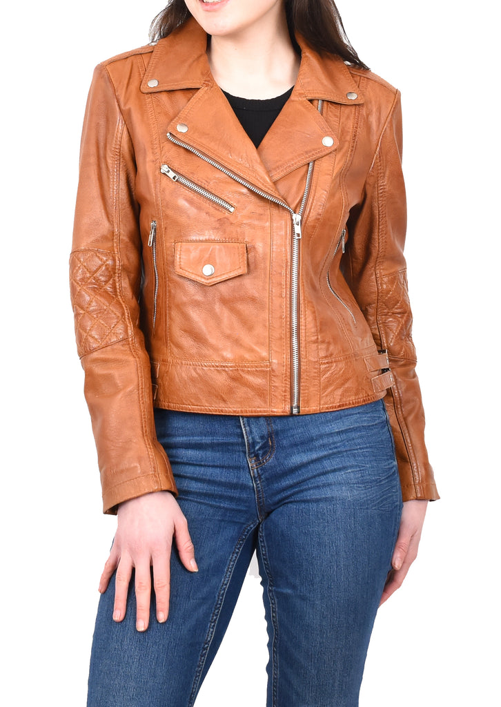 DR207 Women's Real Leather Biker Cross Zip Jacket Tan 11