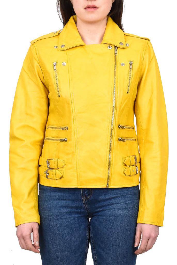 DR195 Women’s Trendy Biker Leather Jacket Yellow Vintage 9