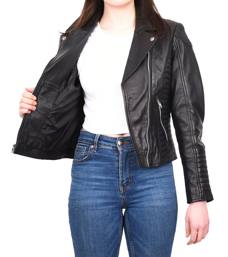 DR206 Women's Soft Leather Cross Zip Biker Jacket Black 11