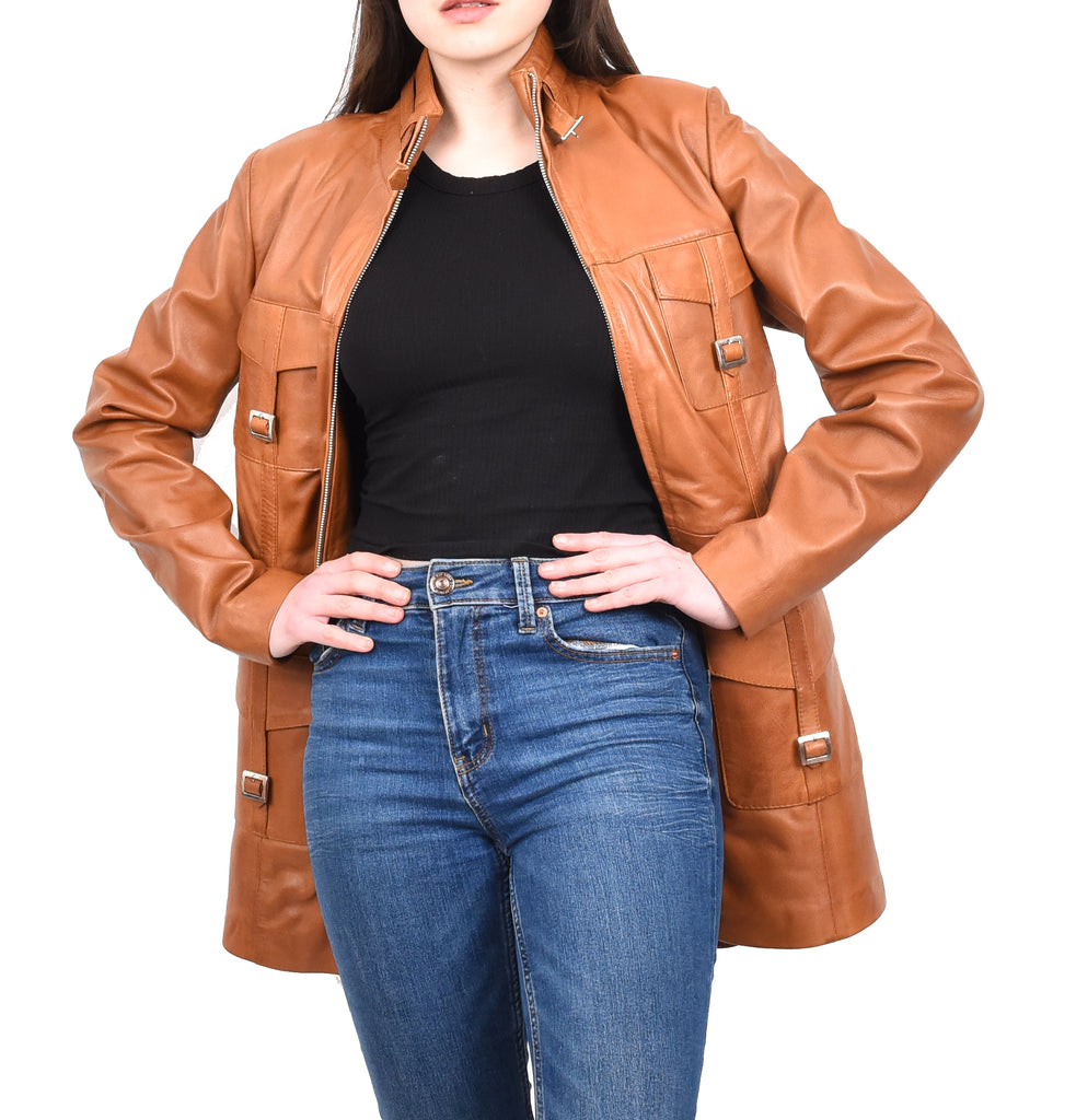 DR566 Women's Leather Jacket With Dual Zip Fastening Tan 10