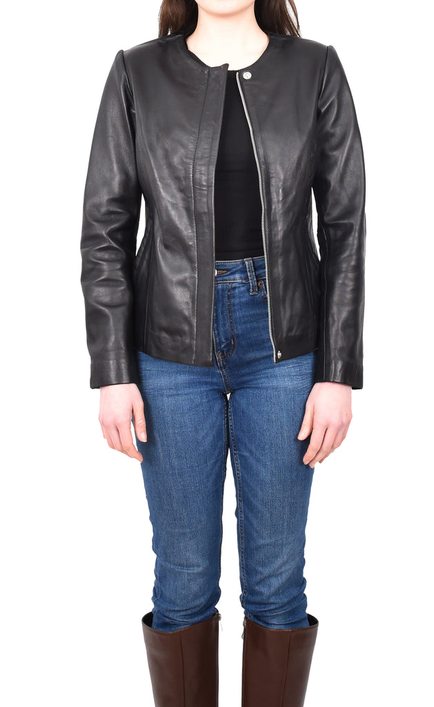 DR244 Women's Real Leather Collarless Jacket Black 10